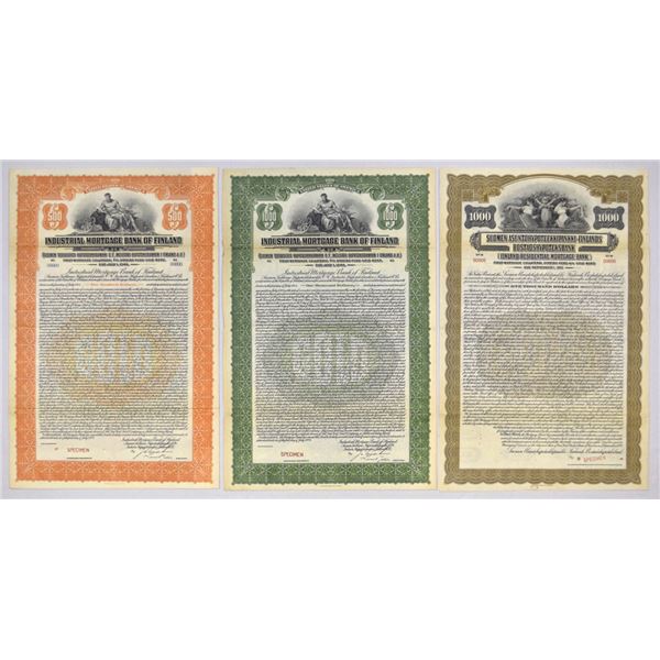 Finland. Finland Banking Specimen Bond Trio, 1924 to 1928.