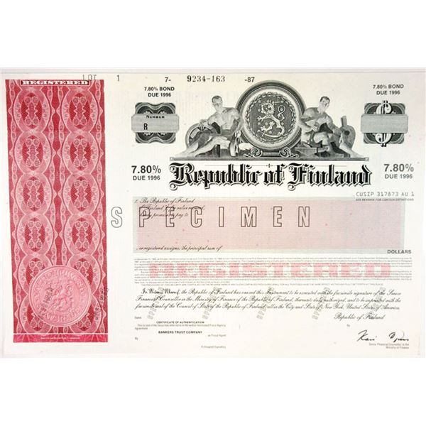 Finland. Republic of Finland, 1987 Registered 7.80% Specimen Bond