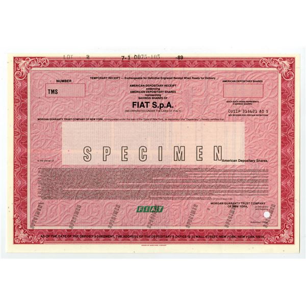 Italy. Fiat S.p.A., 1989 Specimen Automobile Stock Certificate