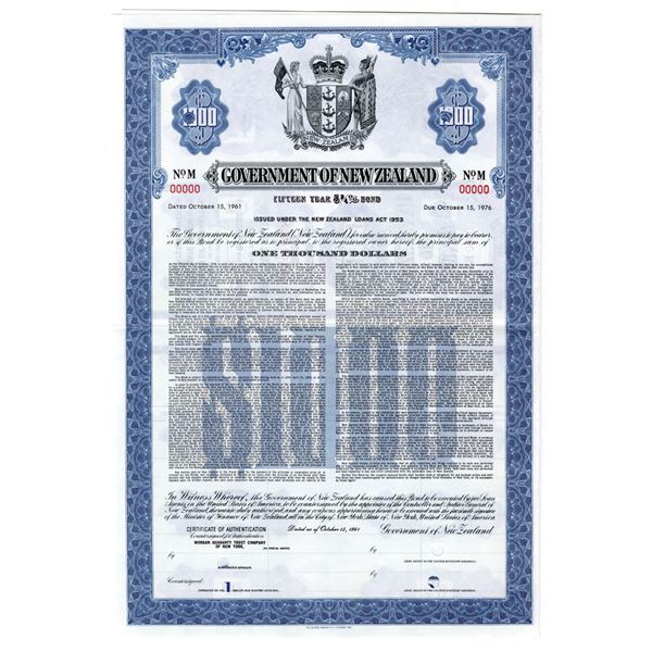 New Zealand. Government of New Zealand, 1961 Specimen Bond.