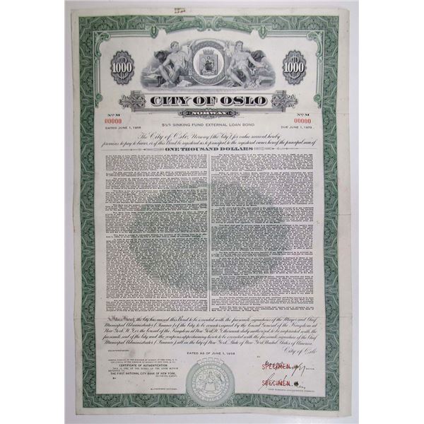 Norway. City of Oslo, 1958 $1000 Specimen 5.5% Sinking Fund External Coupon Bond