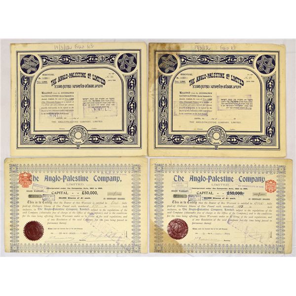 Palestine & Israel. Anglo-Palestine Co., 1903 to 1913, Limited Debentures and Share Warrants.