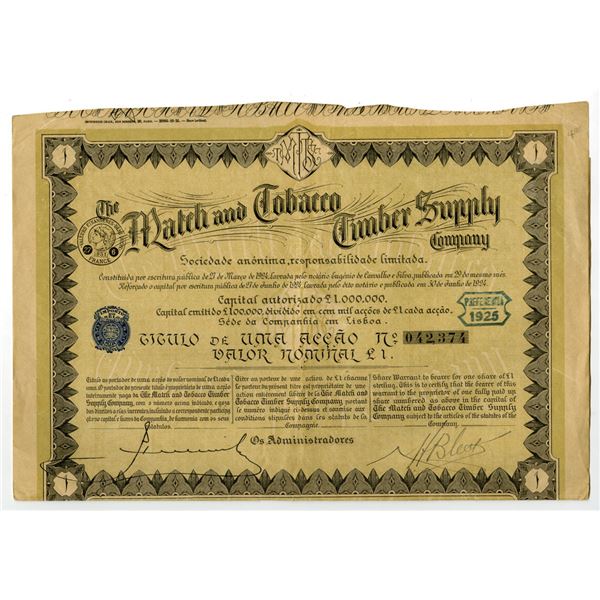 Portugal. Match and Tobacco Timber Supply Co., 1924, I/U Share Certificate.
