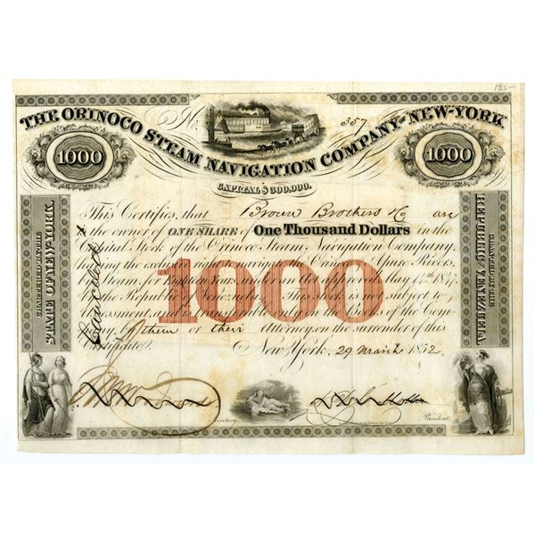 Venezuela. Orinoco Steam Navigation Co., 1852, I/C Stock Certificate .