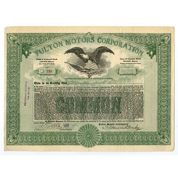 Fulton Motors Corp., 1920, I/U Stock Certificate.