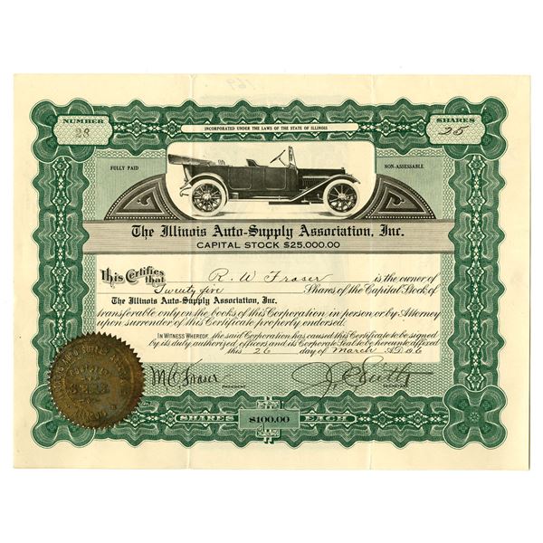 IL. Illinois Auto-Supply Association, Inc., 1916, I/U Stock Certificate.