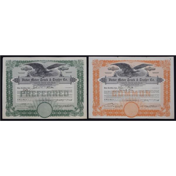 IL. Victor Motor Truck & Trailer Co., 1918, I/U Stock Certificate Pair.