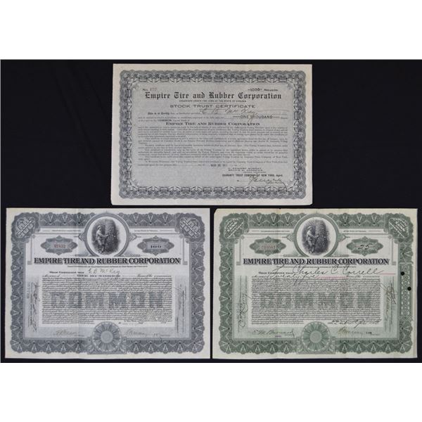 VA. Empire Tire and Rubber Co., 1917 to 1920, I/U Stock Certificate Trio.