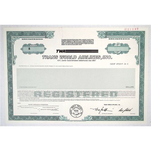Trans World Airlines, Inc., 1990. Registered 12% Specimen Bond. XF-AU. S-C USBNC