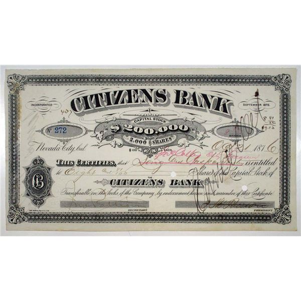 CA. Citizens Bank, 1876 I/C Stock Certificate