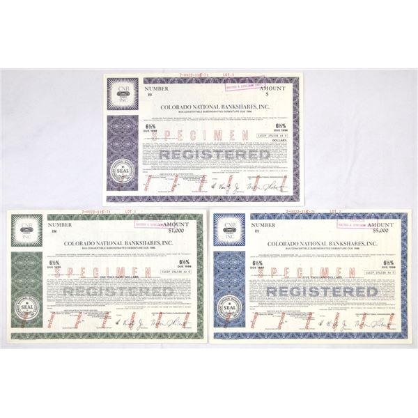 CO. Colorado National Bancshares, Inc., 1971, Specimen Registered Bond Trio.