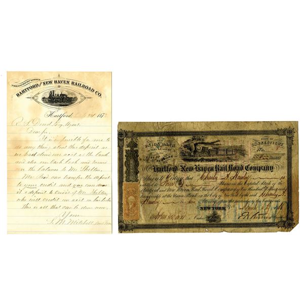 CT. Hartford and New-Haven Rail Road Co., 1866 and 1877, I/C Stock Certificate With Matching Letter 