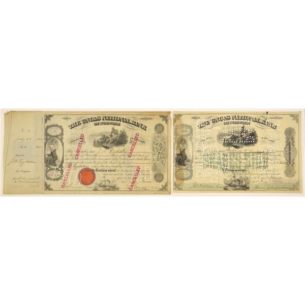 CT. Uncas National Bank of Norwich, 1880 and 1897, Including a Serial #1 Stock Certificate