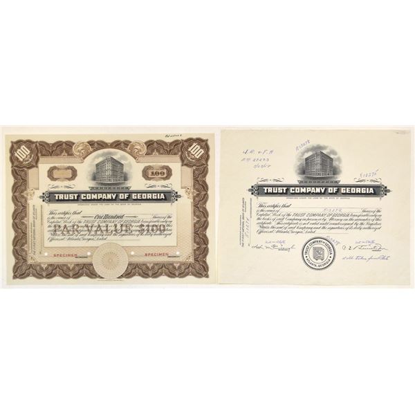 GA. Trust Co. of Georgia, 1958, Unique Progress Production Proof and Specimen Stock Certificate Pair