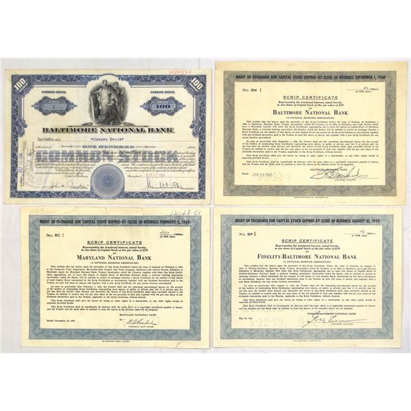 MD. Baltimore and Maryland Serial #1 National Bank Quartet, 1934 to 1961, I/C Stock Certificates