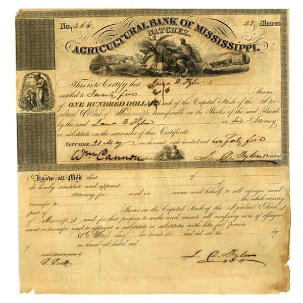 MS. Agricultural Bank of Mississippi, 1845 I/U Stock Certificate.