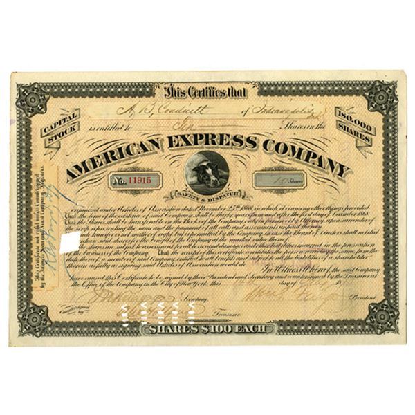 NY. American Express Co., 1875, I/C Stock Certificate.