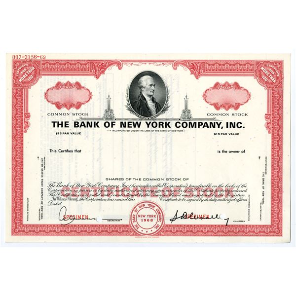NY. Bank of New York Co., Inc., 1968, Specimen Stock Certificate.