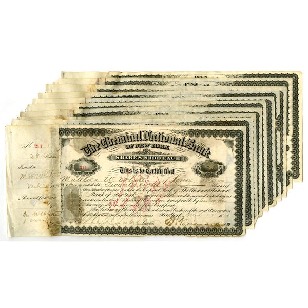 NY. Chemical National Bank of New York, 1871 to 1881, I/C Stock Certificates.