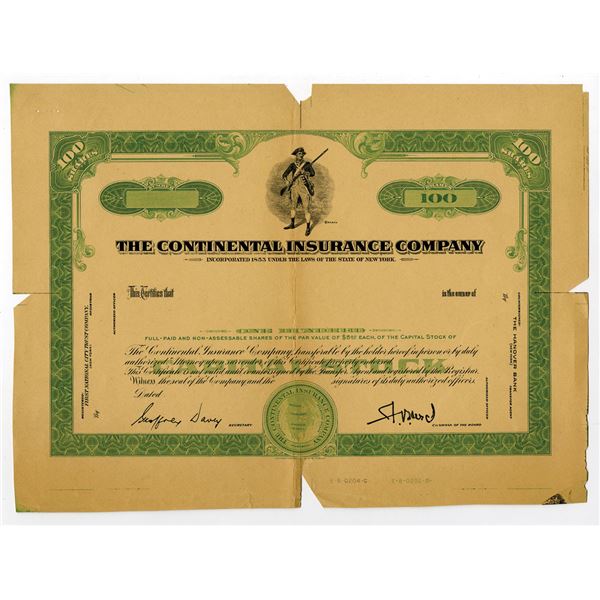 NY. Continental Insurance Co., ND (1920 to 1940s), Proof Stock Certificate.