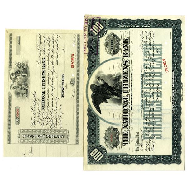 NY. National Citizens' Bank of the City of New York 1900 to 1930 Specimen Stock Certificate Pair