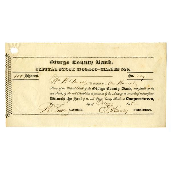NY. Otsego County Bank, 1852, Issued Stock Certificate.
