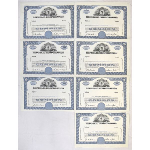 NY. Republic Corporation., ND (1930-1940s), Uncut Sheet of 7 Unmarked Specimen Stock Certificates.