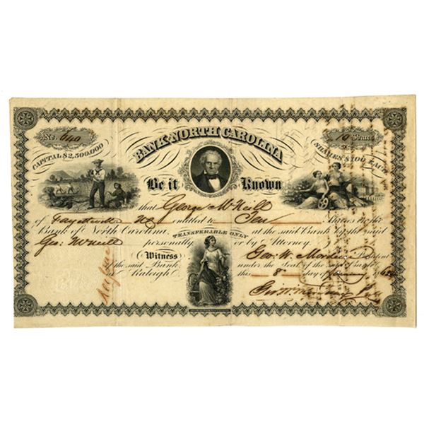 NC. Bank of North Carolina, 1862 I/U Stock Certificate.
