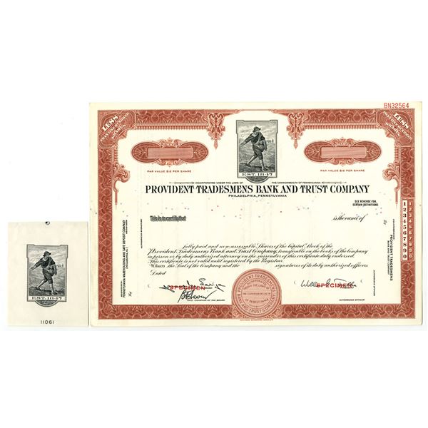 PA. Provident Tradesmens Bank and Trust Co., ND(1930-50s), Specimen Stock Certificate with Matching 