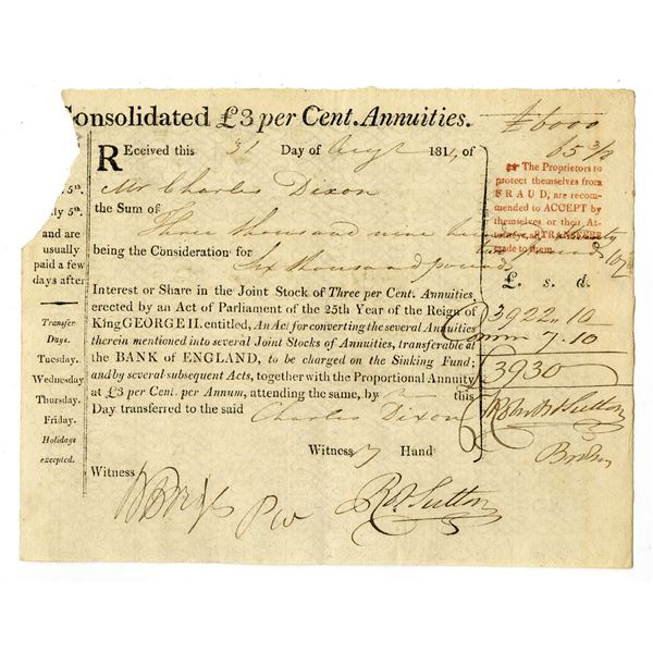 Great Britain — Consolidated £3 per Cent Annuities Transfer Receipt, 1811.