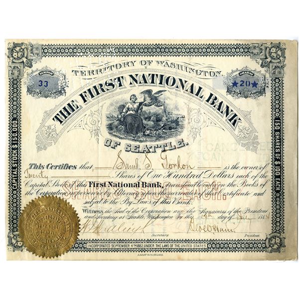 Washington Territory. First National Bank of Seattle, 1884 I/C Stock Certificate