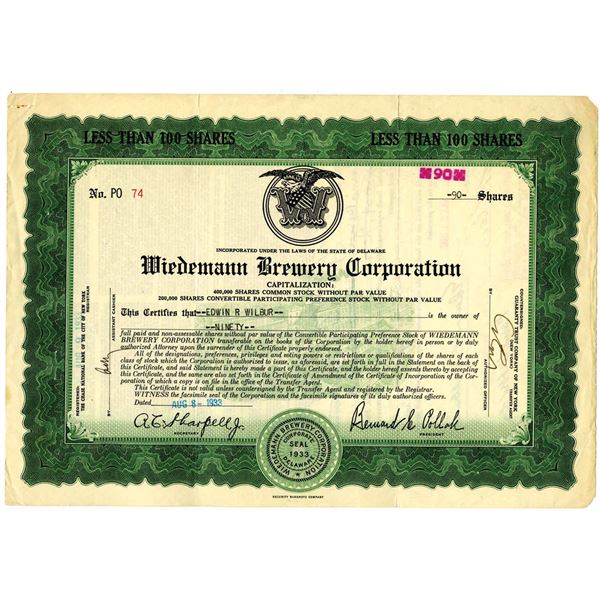 Wiedemann Brewing Corp. 1933 I/U Stock Certificate