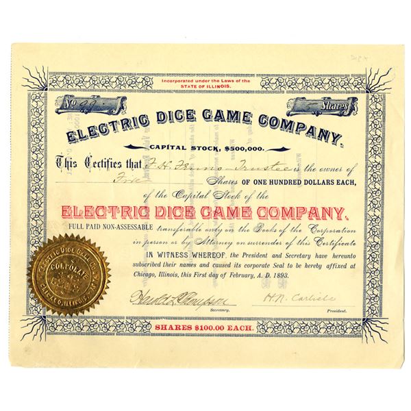 IL. Electric Dice Game Co., 1893, I/U Stock Certificate.