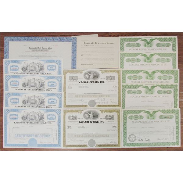 Casinos, Gambling, Horse Racing, Entertainment and Nuclear Research Stock and Bond Assortment, ca.19