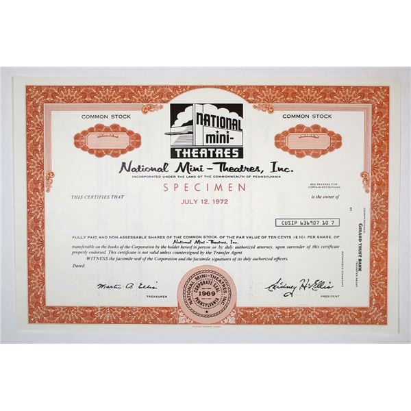 PA. National Mini-Theatres, Inc., 1972. Specimen Stock Cert, AU-Unc. FBNC