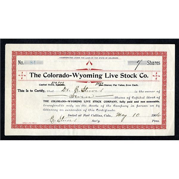CO. Colorado-Wyoming Live Stock Co. 1906 Partially Issued Stock Certificate.