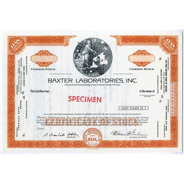 Baxter Laboratories, Inc, 1974 <100 Shrs Specimen Stock Certificate