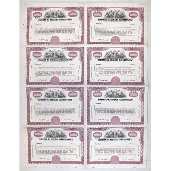 Rohm & Haas Co., 1917, Uncut Sheet of 8 Unmarked Specimen Stock Certificates.