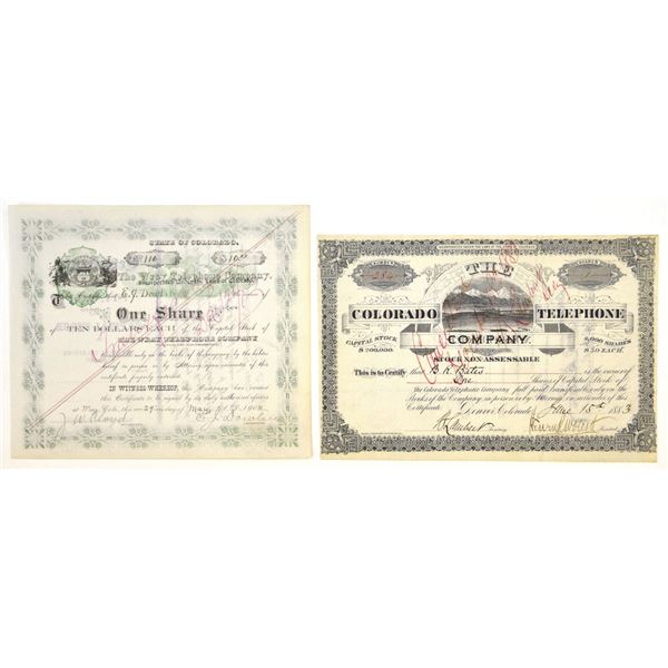CO. Colorado Telephone Co. & Wray Telephone Co., 1883 and 1902, I/C Stock Certificate Pair.