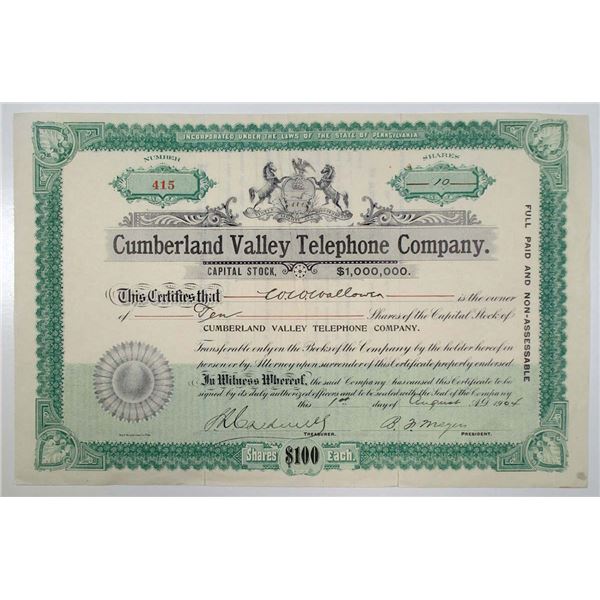 PA. Cumberland Valley Telephone Co., 1904 10 Shares I/U Capital Stock Cert, Fine