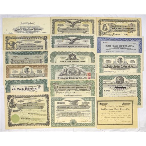 Publishing, Printing & Communications Stock Certificate Assortment, 1905 to 1931