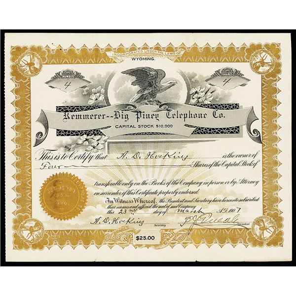 Wyoming. Kemmerer-Big Piney Telephone Co. 1907 I/U Stock Certificate