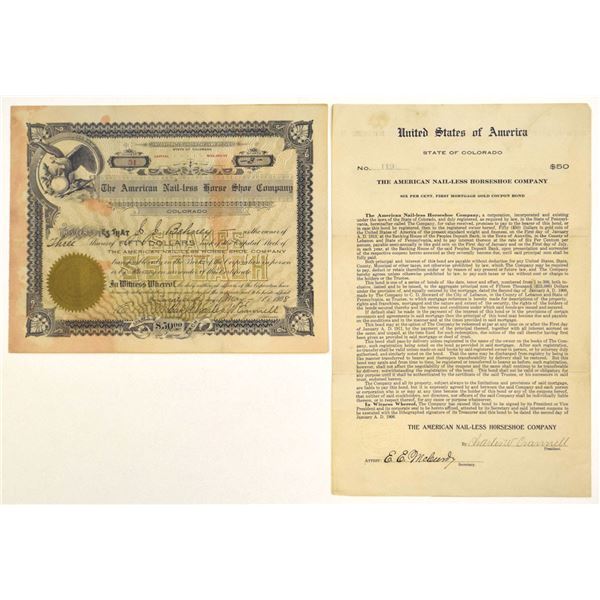 CO. American Nail-Less Horse Shoe Co., 1908, I/U Stock & Bond Pair.