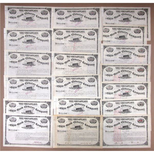 NJ. Chesapeake & Ohio Grain Elevator Co., 1880s, I/C Group of 19 Stock Certificates.