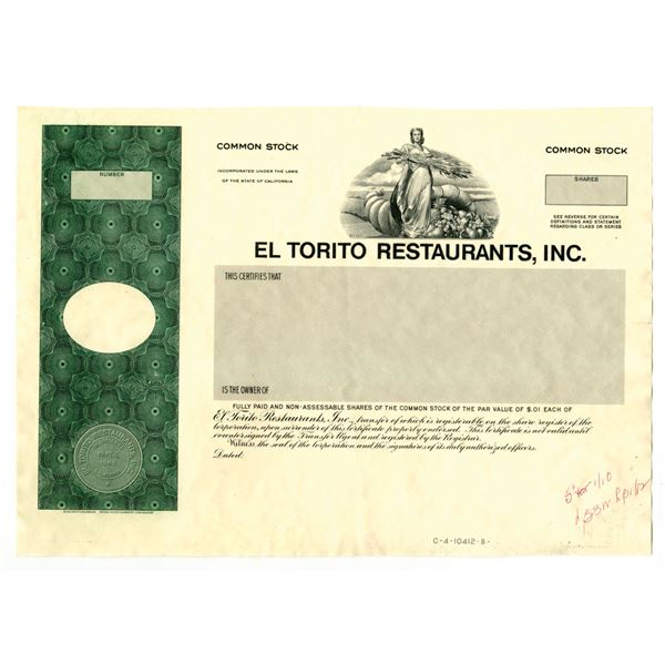 CA. El Torito Restaurants, Inc 1970s Unique Approval Proof Stock Certificate, XF