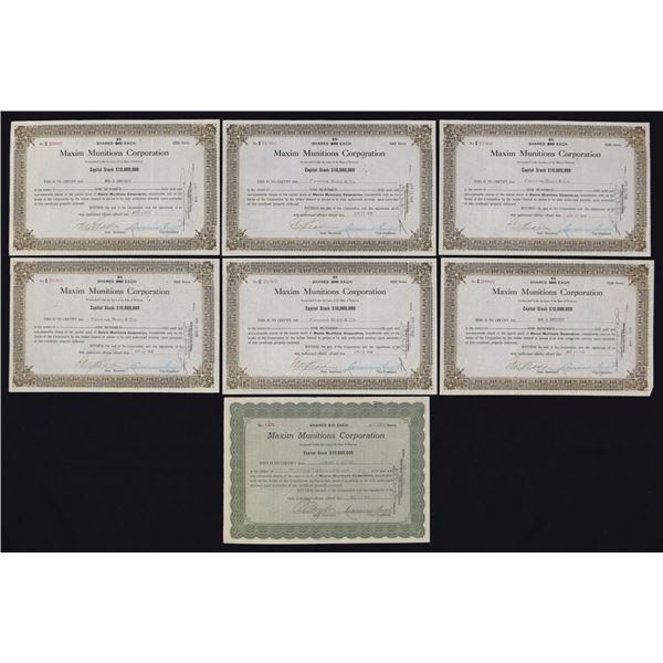 Maxim Munitions Corp., 1915 to 1918, I/U Stock Certificate Group