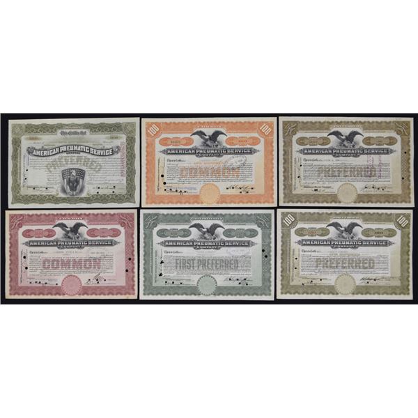 DE. American Pneumatic Service Co., 1916 to 1938, I/C Stock Certificate Assortment