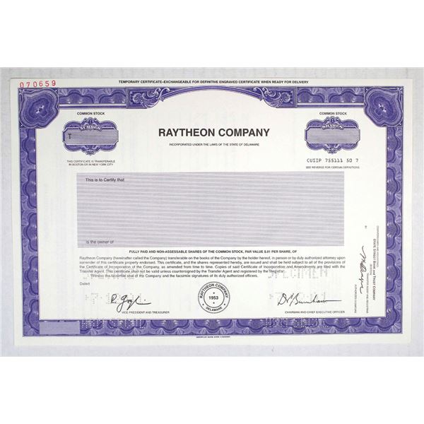 Raytheon Co. 2001. Specimen Stock Cert, XF-AU, ABNC.