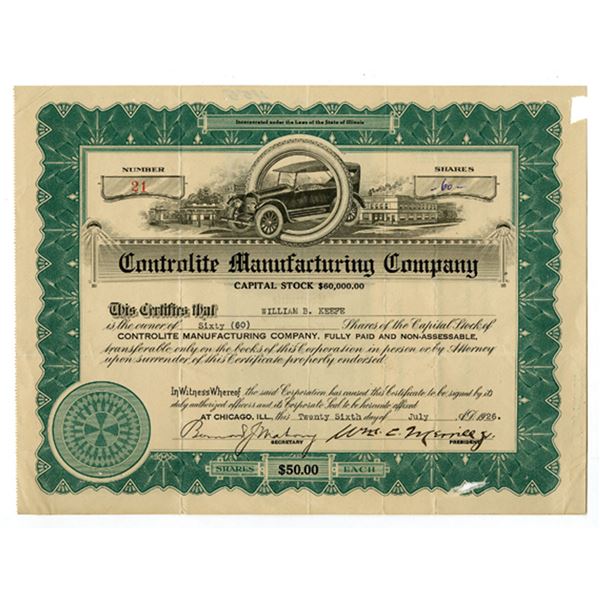 IL. Controlite Manufacturing Co., 1926, I/U Stock Certificate.