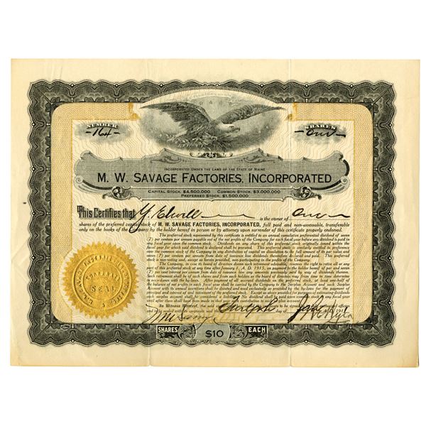 ME. M. W. Savage Factories, Inc., 1911, I/U Stock Certificate.